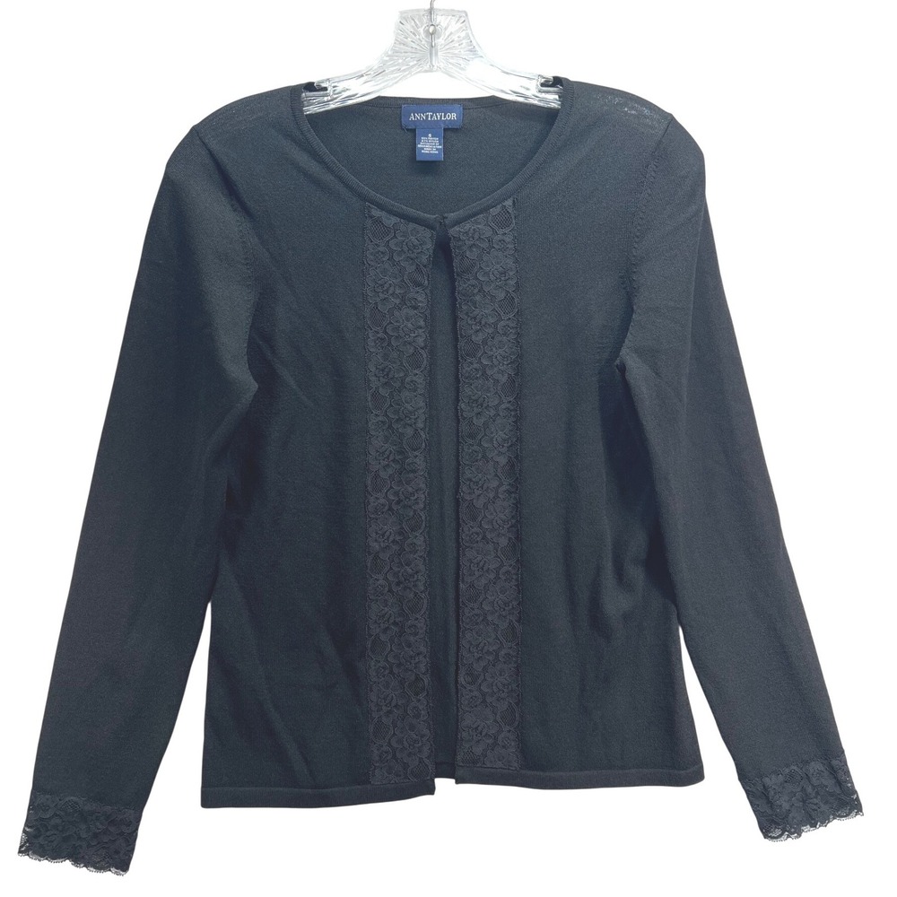 Ann Taylor Black Lace Trim Cardigan Sweater Rayon Blend Open Front Womens Small